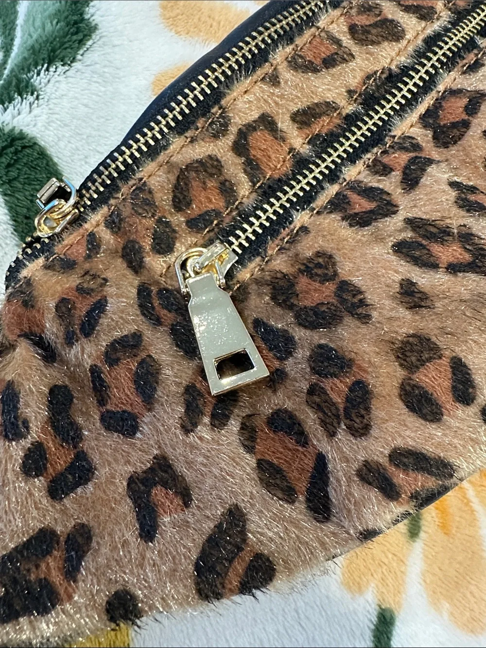 Leopard Print Faux Fur Waist Bag with Gold Zippers